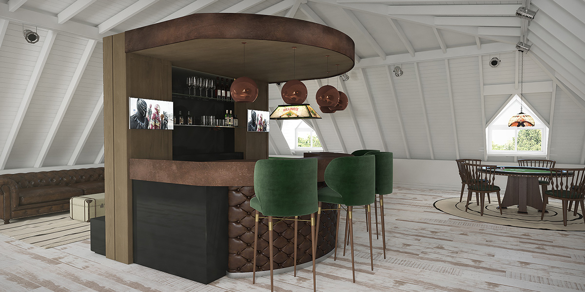 En la tercera planta de la casa, con cubierta en mansarda y estructura de madera a la vista, un mueble central es bar con barra de un lado y pantalla de cine del otro. Mesas con paño verde, pool, gran zona de estar y más, para pasar la cuarentena sin extrañar nada... (A+R Arquitectos)
